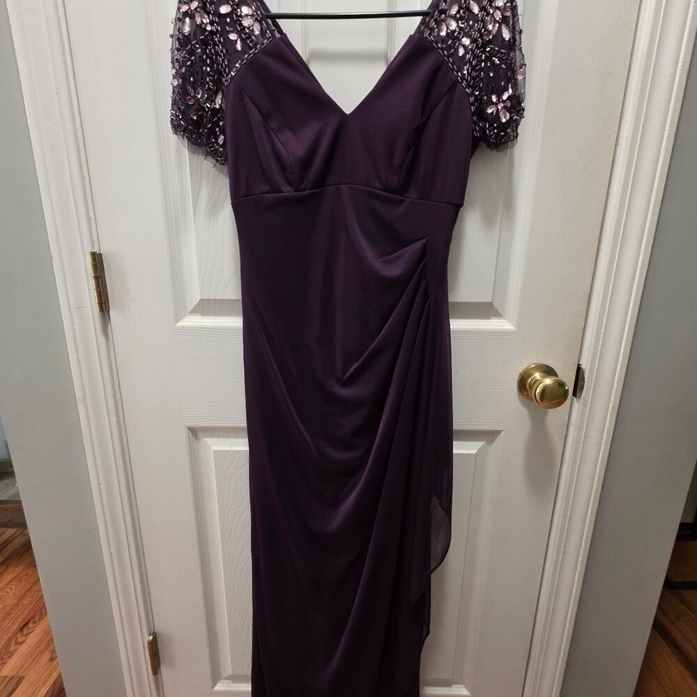 Xscape Plum Beaded Sleeve Ruched Maxi Gown 4P